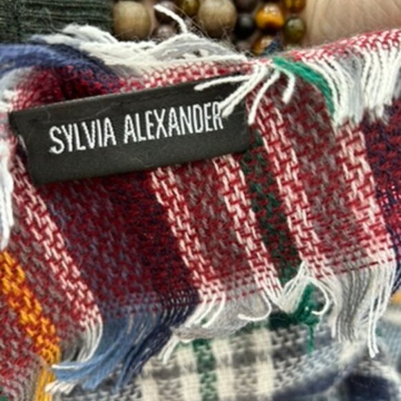 Sylvia Alexander red blue classic fuzzy Fall Plaid Blanket scarf shawl w… - Picture 3 of 8